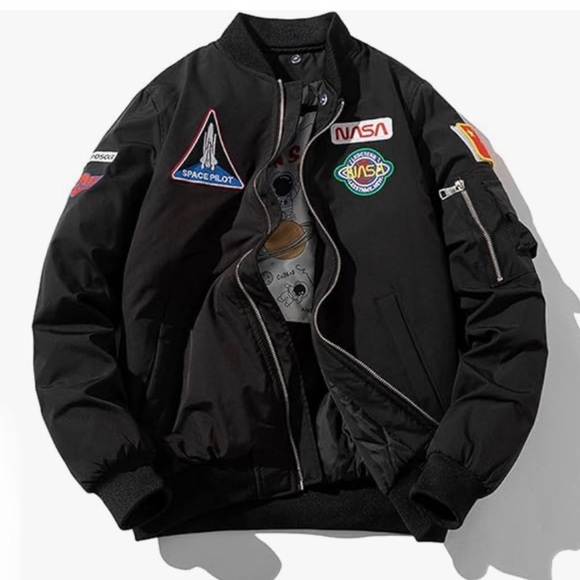 Black NASA Print Mens Zip Up Bomber Jacket